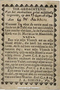 Communieprentje GW Sassen 1830