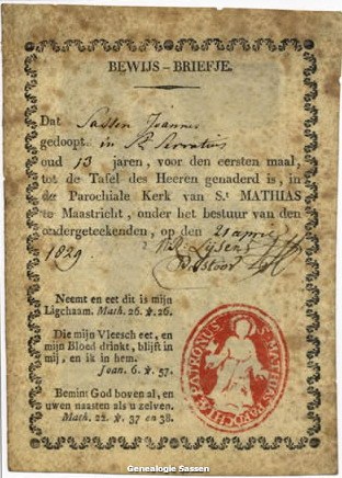 Communieprentje Joannes Sassen 1829