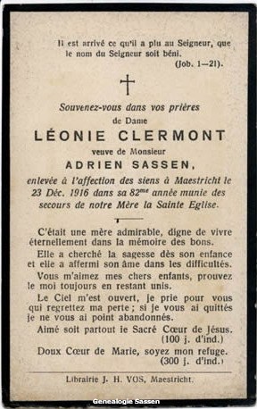 bidprentje Léonie Jeanne Antoinette Clermont (tekst - Frans)