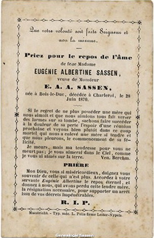 bidprentje  Eugenia Albertina Joanna Sassen - tekst Frans 