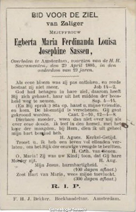 bidprentje Egberta Maria Ferdinanda Louisa Josephine Sassen (tekst)