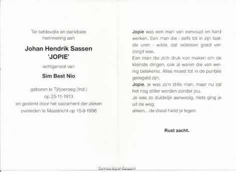 bidprentje Johan Hendrik Sassen (tekst)