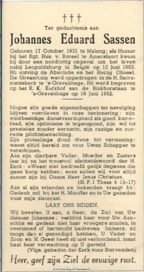 bidprentje Johannes Eduard Sassen (tekst)