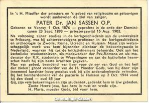 bidprentje Dr. Jan Hendrik Hubert Sassen O.P. (tekst)