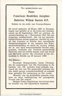 bidprentje Hendrikus Josephus Hubertus Willem Sassen O.P. (tekst)