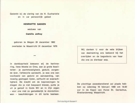 bidprentje Joanna Hendrica Antoinette Maria Sassen (tekst)