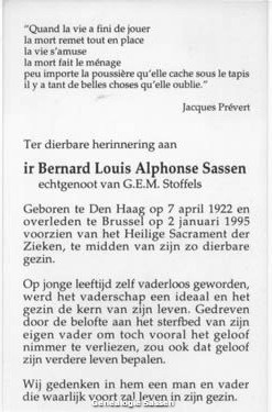 bidprentje Ir. Bernard Louis Alphonse Sassen (tekst)