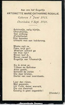 bidprentje Antoinette Marie Catharine Rosalie Sassen (tekst)