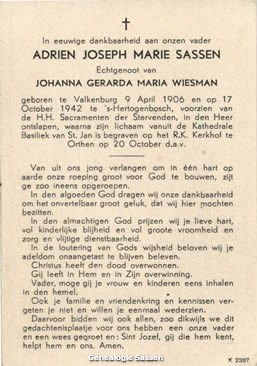 bidprentje Adrien Joseph Marie Sassen (tekst)
