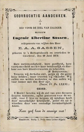 bidprentje Eugenia Albertina Joanna Sassen (tekst)
