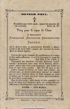 bidprentje  Francisca Mathilda Bernardina Antoinetta Sassen (tekst)