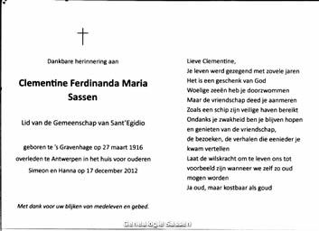 bidprentje Clementine Ferdinanda Maria Sassen (tekst)