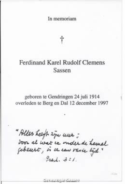 bidprentje Mr. Ferdinand Karel Rudolf Clemens Sassen (tekst)