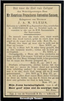 bidprentje Mr. Henricus Franciscus Antonius Sassen (tekst)