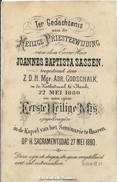 H. Priesterwijding Johannes Baptista Paulinus Sassen (tekst)