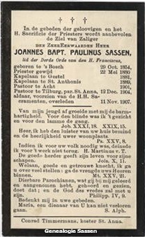 bidprentje Johannes Baptista Paulinus Sassen (tekst)