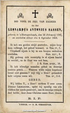 bidprentje Leonardus Antonius Sassen (tekst)