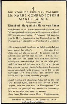 bidprentje Mr. Carolus Conradus Josephus Maria Sassen (tekst)