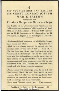 bidprentje Mr. Carolus Conradus Josephus Maria Sassen (tekst)