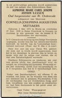bidprentje Alphonse Marie Carel Joseph Antoon Sassen (tekst)