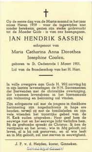 bidprentje Jan Hendrik Sassen (tekst)