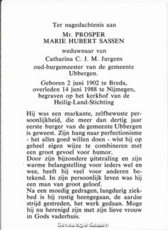 bidprentje Mr. Prosper Marie Hubert Sassen (tekst)