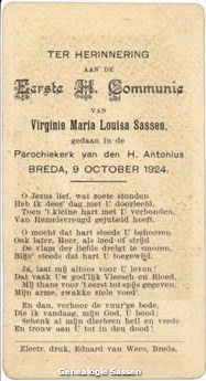 communieprentje Virginie Maria Louisa Sassen (tekst)