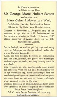 bidprentje Mr. George Marie Hubert Sassen (tekst)