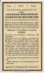 bidprentje Jacobus Richardus Hubertus Schreurs (tekst)