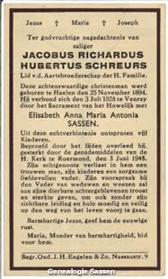 bidprentje Jacobus Richardus Hubertus Schreurs (tekst)