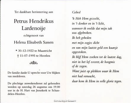 bidprentje Petrus Hendrikus Lardenoije (tekst)