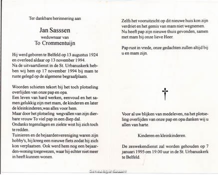 bidprentje Johannes Jacobus Leonardus Sassen (tekst)