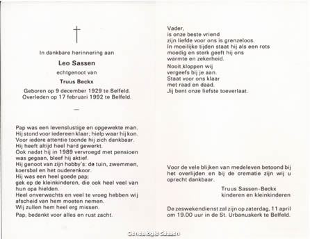 bidprentje Leonardus Jacques Sassen (tekst)