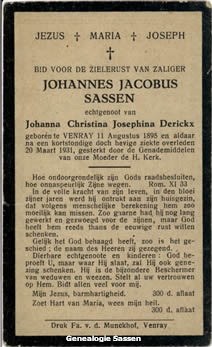 bidprentje Johannes Jacobus Sassen (tekst)