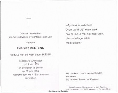 bidprentje Henriette Leontine Kestens (tekst)