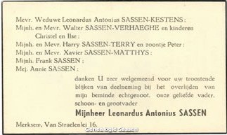 bidprentje Leonardus Antonius Sassen (tekst)