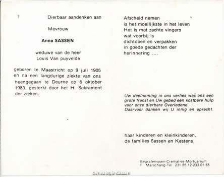 bidprentje Anna Maria Catharina Sassen (tekst)