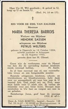 bidprentje Maria Theresia Barrois (tekst)