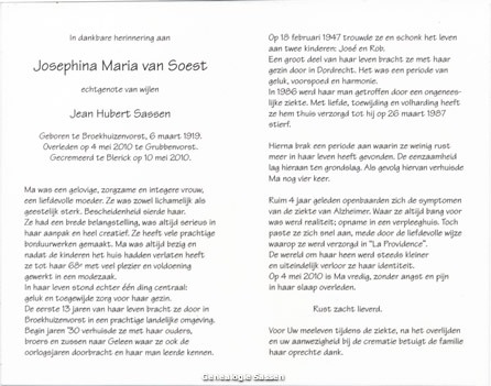 bidprentje Josephina Maria van Soest (tekst)