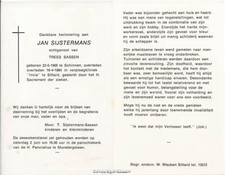 bidprentje Jan Sijstermans (tekst)