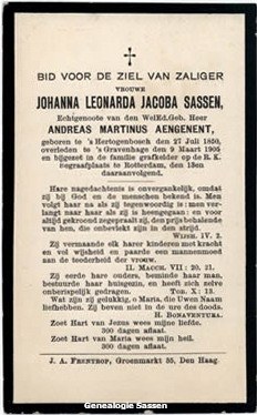 bidprentje Johanna Leonarda Jacoba Sassen (tekst)