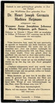 bidprentje Dr. Henri Joseph Germain Mathieu Heijmans (tekst)