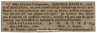 overlijdensannonce Jacobus Sassen