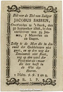 bidprentje Jacobus Sassen (tekst)