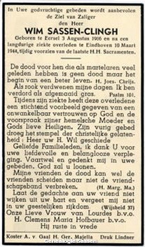 bidprentje Willebrordus Sassen Clingh (tekst)