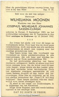 bidprentje Wilhelmina Moonen (tekst)