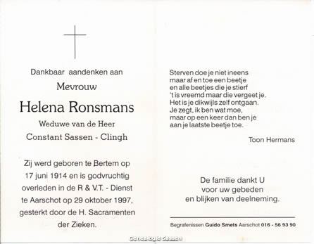 bidprentje Alena Melania Ronsmans (tekst)